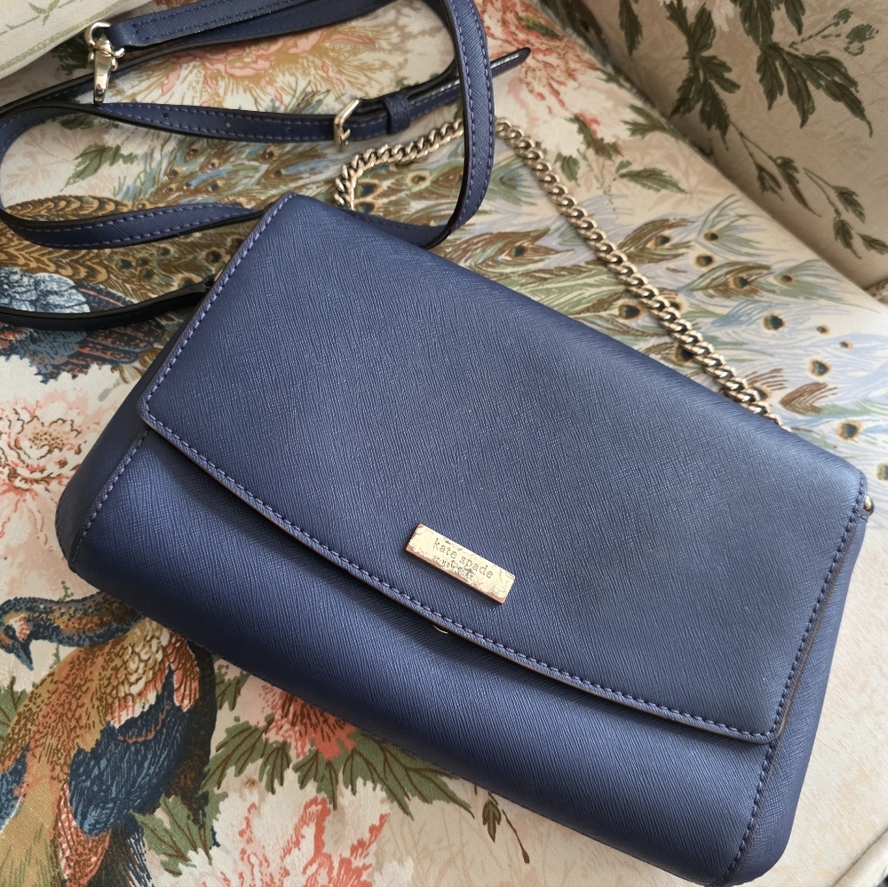 Kate Spade New York Blue Saffiano Leather Crossbody Clutch – 2 Way Chain Strap